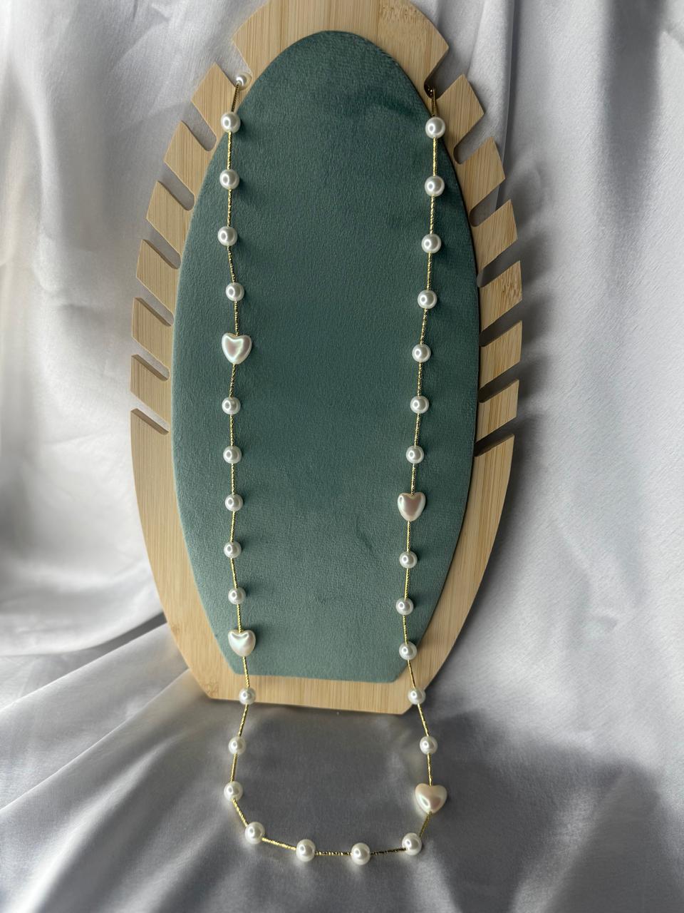 Long Pearl With Heart Necklace